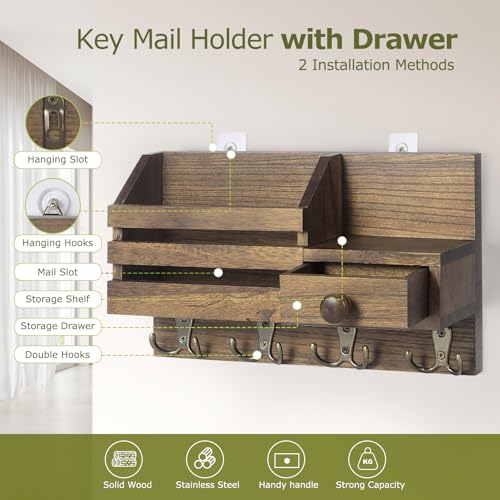 Key Holder Wall Mount, Wooden Key and Mail Organizer, Brown - Image 5