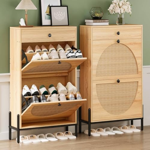 IRONCK Narrow Shoe Cabinet with 2 Flip Drawers and Rattan - Image 4