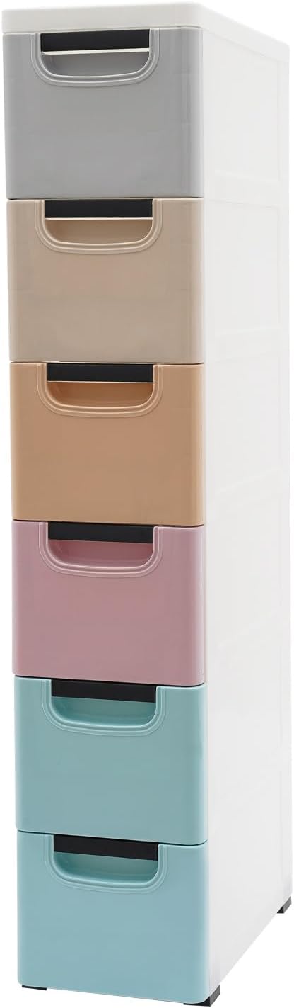 6 Drawers Plastic Storage Cabinet, Mobile Slim Utility Cart on Wheels, for Narrow Space Office Classroom Bedroom Bathroom (Multicolor)