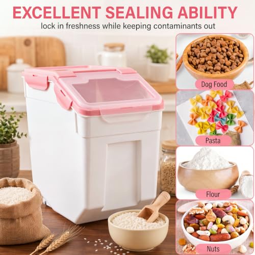 Sunnyray 4 Pcs 55 Lbs Rice Flour Storage Bins with Wheels, Pink - Image 6