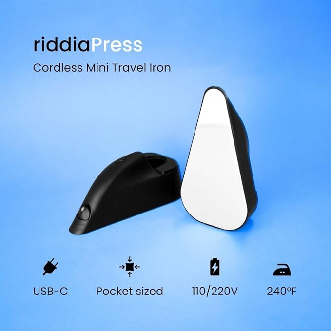 RiddiaPress Cordless Mini Travel Iron, Rechargeable, Battery Operated, Dual Voltage 110/240, Portable Mini Iron for Clothes, USB-C