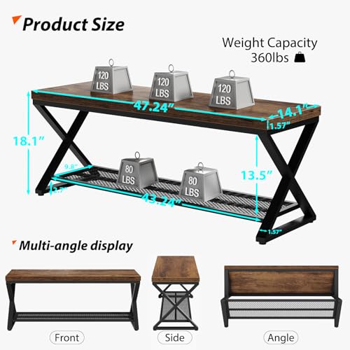 LVB Rustic Brown Entryway Bench, 47” Industrial Shoe Bench - Image 3