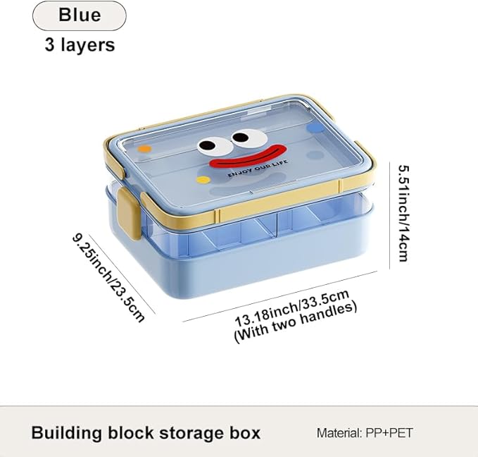 Plastic Storage Organizer for Lego Box Kids Child Toy Stackable Containers with Lids Bins 3 Layers Adjustable Compartments Building Blocks Chest Case (White, Medium 3 Tiers) (Blue)