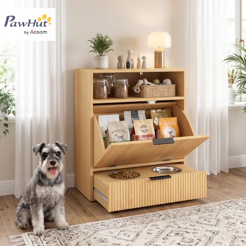 PawHut Dog Feeding Station with Storage & 2 Elevated Bowls, Oak - Image 3