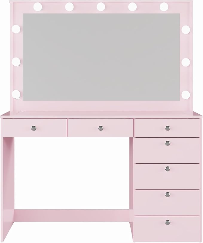 Boahaus Serena White Makeup Vanity with Mirror and 11 Lights, 7 Drawers, Glass Top, Crystal Knobs, USB-A & USB-C Ports, 110V Power Outlet, Bedroom Vanity Desk (Pink-1)