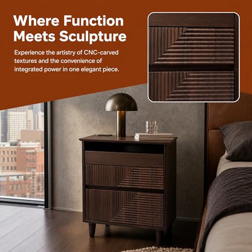 Nightstand with Charging Station, 3 Drawers Fluted Bedside Table - Image 5