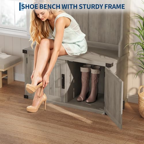 39.4" Hall Tree with Bench and Shoe Storage, Gray - Image 6