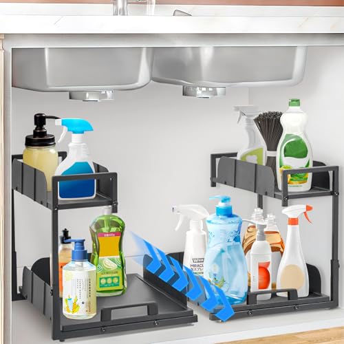Under Sink Organizer 2-Tier - Metal Pull Out Kitchen Black 2-Pack - Image 3