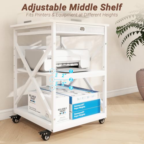 Large Printer Stand with Storage Mesh Drawer,22"W x 19.7"D,White - Image 6