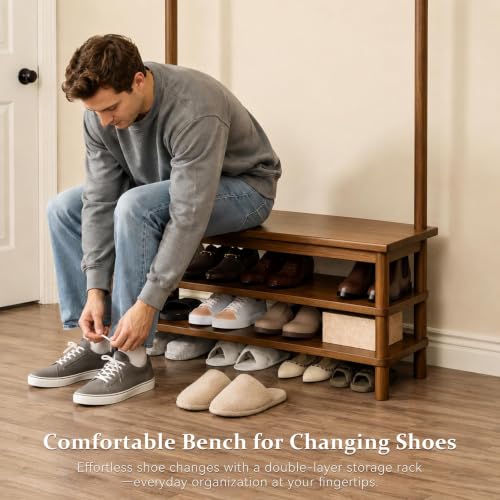 Solid Wood Hall Tree with Bench, Shoe Rack & 11 Hooks 35.5'' - Image 6