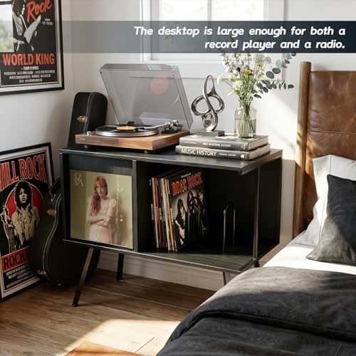 Record Player Stand with Flip-Down Record Shelf, Black - Image 6