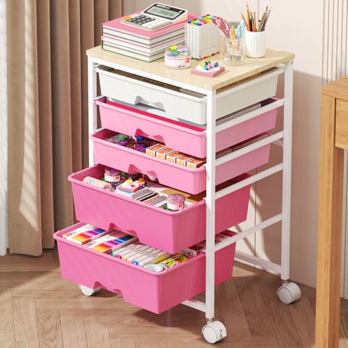 Rolling Cart with 5 Drawers for Craft, Art, Dorm, Office, Pink - Image 2