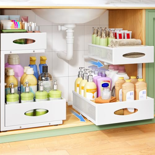 Under Sink Organizer, 2-Pack Pull Out Cabinet Organizer 2 Tier Metal Slide Out Storage Shelf Rack, L-Shaped Adjustable Height,Mesh Sliding Drawer for Kitchen, Bathroom, Laundry, Pa - Image 2
