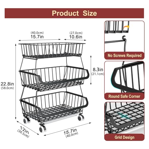 3-Tier Rolling Pantry Cart with Wheels, Stackable Wire Storage - Image 3