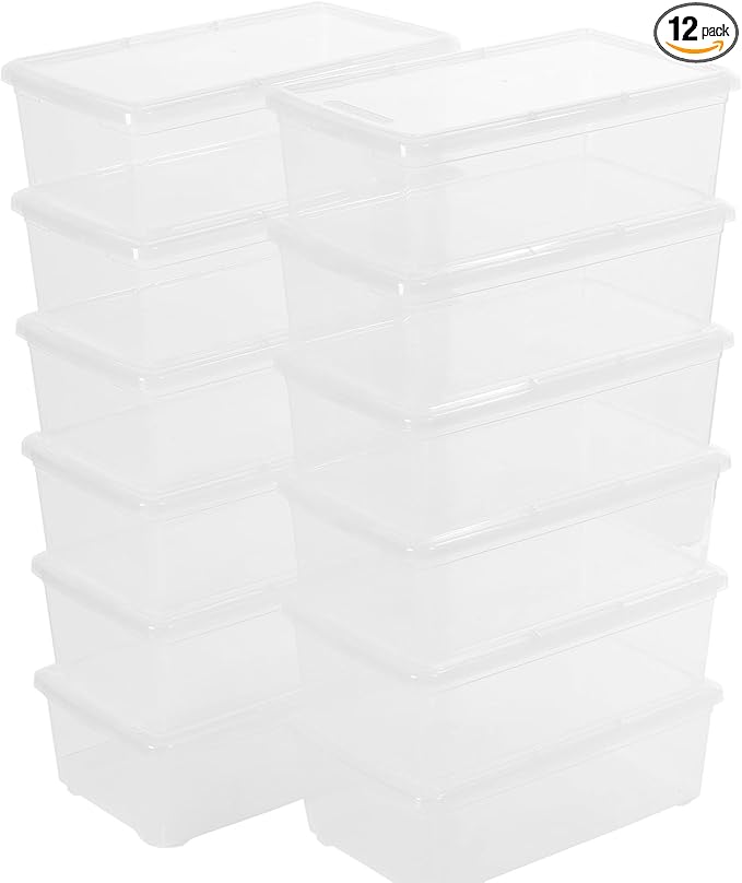 Stackable Clear Storage Bins with Lids Shoe Boxes 12 Packs Plastic Storage Containers 6 Quart Latching Plastic Shoe Boxes With Lids (Clear)