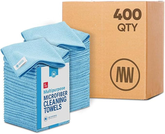 Bulk 12” X 12” All Purpose Microfiber Towels Wholesale - Case Quantity (400 Count) | No Fraying | High Density Microfiber | Zero Chemical Cleaner | Long-Lasting (Blue)