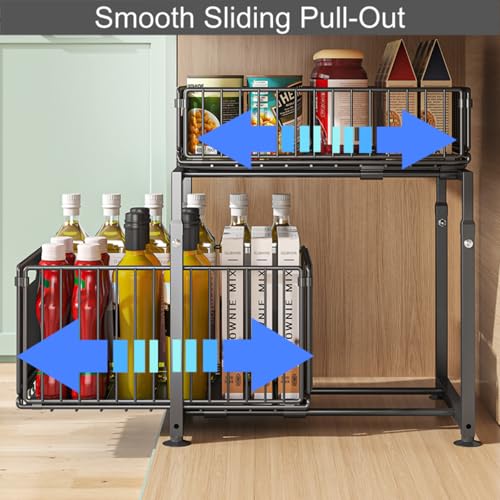 Under Sink Organizer, 2-Tier Multi-Use Kitchen and Bathroom Organizers and Storage, Slide Out Thickened Metal Under The Sink Organizer for Kitchen Bathroom Pantry (Style A Black, 2