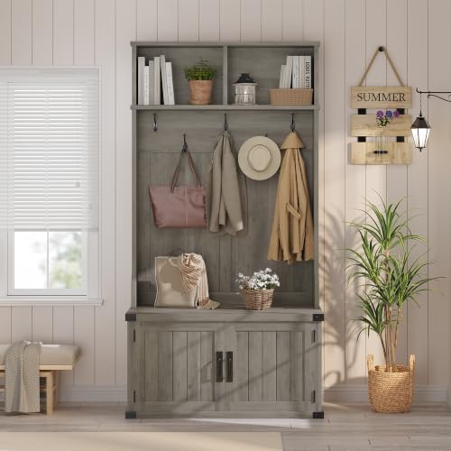 39.4" Hall Tree with Bench and Shoe Storage, Gray - Image 5