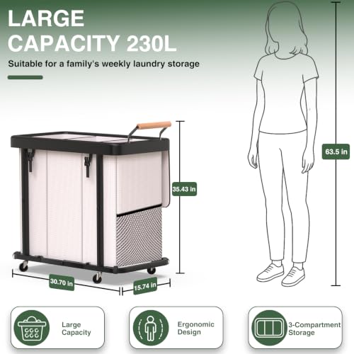 Laundry Hamper 3 Section,Rolling Laundry Basket | Home Organization - Image 3