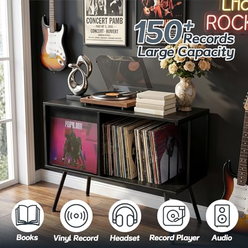 Record Player Stand with Flip-Down Record Shelf, Black - Image 5