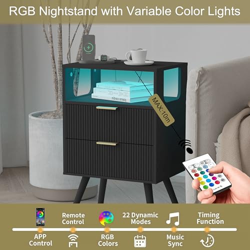 JOONEE Black Nightstand with Charging Station and LED - Image 6