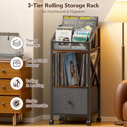 Portin Rolling Vinyl Record Storage Cart, 3 Tier LP - Image 5