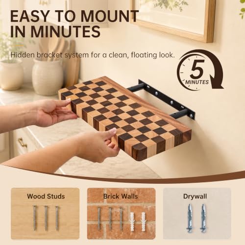 Floating Shelves for Wall, 16 Inch Solid Wood Checkered Wall - Image 6