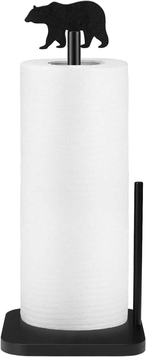 Leinuosen Cabin Bear Paper Towel Holder Farmhouse Bear Wooden Paper Towel Holder Black Bathroom Countertop Accessories Kitchen Stand Organizer Standing Apartment Decor Housewarming Gift