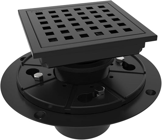 WEBANG 4 Inch Square Shower Floor Drain with Flange,Quadrato Pattern Grate Removable,Food-Grade SUS 304 Stainless Steel,Watermark&CUPC Certified,Matte Black