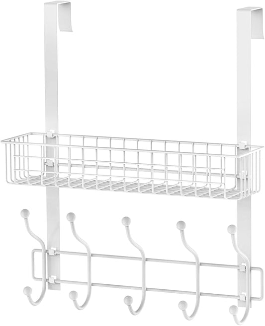 Coat Rack, Over The Door Hanger with Mesh Basket, Detachable Storage Shelf for Towels, Hats, Handbags, Coats (White)