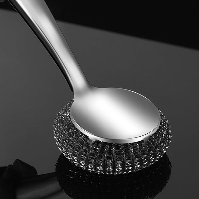 Steel Wool Dish Scrubber, Stainless Steel Scrubber Long Handle with Replacement Balls Ergonomic Design for Dishes, Pans, Grills, Stoves