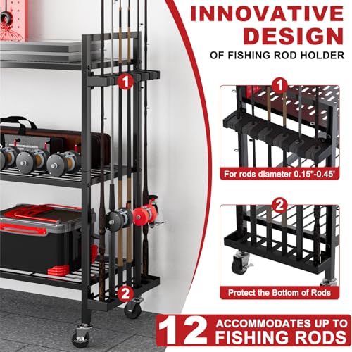 Fishing Rod Holders for Garage, 12-Slot Rolling Pegboard Cart - Image 5