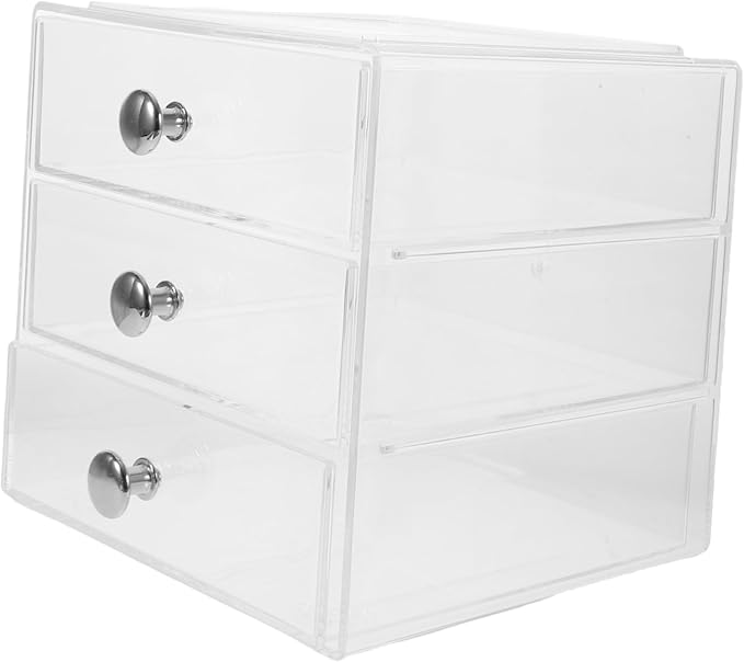 Three-layer Desk Storage Organizer Box Desk Organizer Drawers Transparent Silver Handle