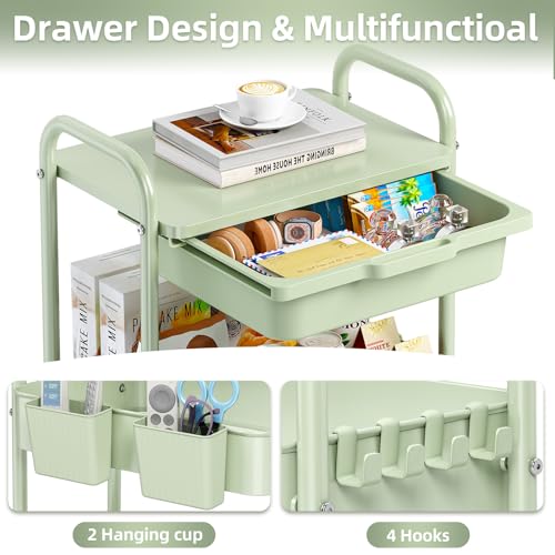 KINGRACK 3 Tier Metal Rolling Cart with Drawer, Green Utility - Image 4