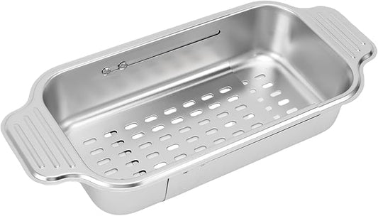 AYNEFY Extendable Over The Sink Basket Expandable Stainless Steel Colander 304 Food Grade Strainer for Washing Vegetables Fruits Pasta Dishes with Rubber Grip Handles (S)