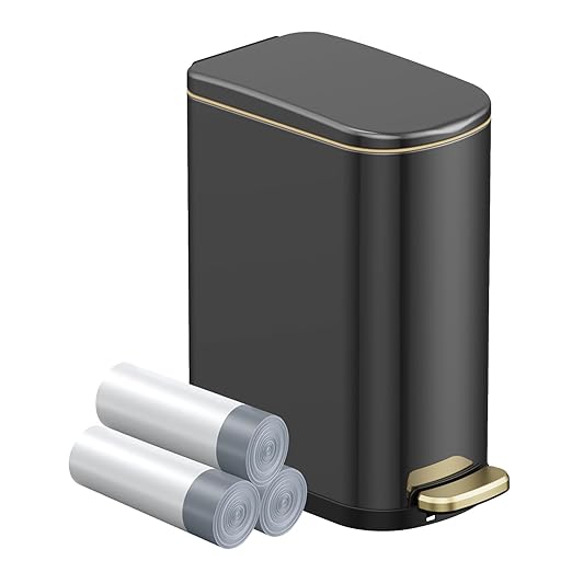 2.6 Gal Bathroom Trash Can with Soft Close Stay Open Lid, Small Rectangular 10L Stainless Steel Waste bin for Narrow Space, Waterproof, Odor Protection, Titanium Black