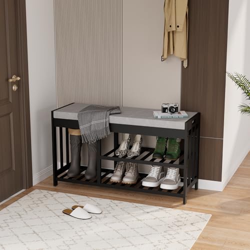 Bamboo Shoe Storage Bench with Cushioned Seat 3-Tier - Image 2