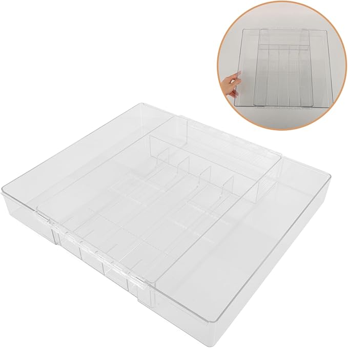 Expandable Cutlery Tray Drawer Organizer Multi-compartment Silverware Storage Box for Kitchen Pantry Silverware Organizer Lid