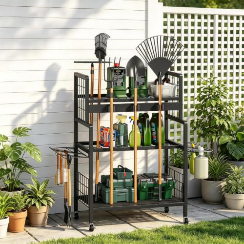Garden Tool Organizer with Wheels, 3-Tier Metal Garden - Image 2