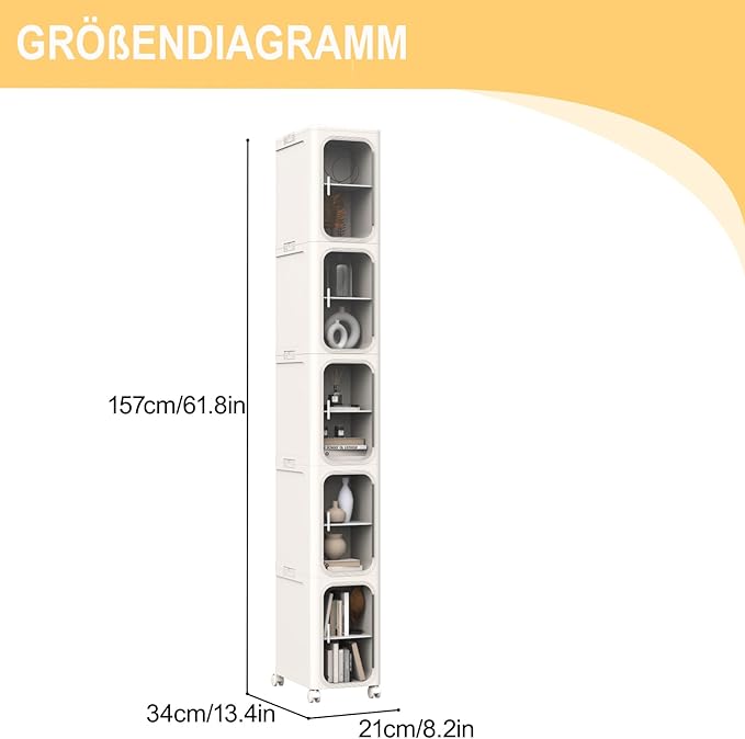5-Tier Slim Tall Bathroom Cabinet, Plastic Tall Narrow Cabinet with Doors and Shelves, Floorstanding Skinny Cabinets with Wheels, Corner Bathroom Organizer for Small Space