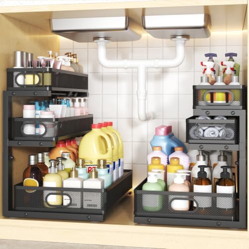 3-Tier Under Sink Organizer, Slide Out Drawer Rack, Black, 2 Pack - Image 2