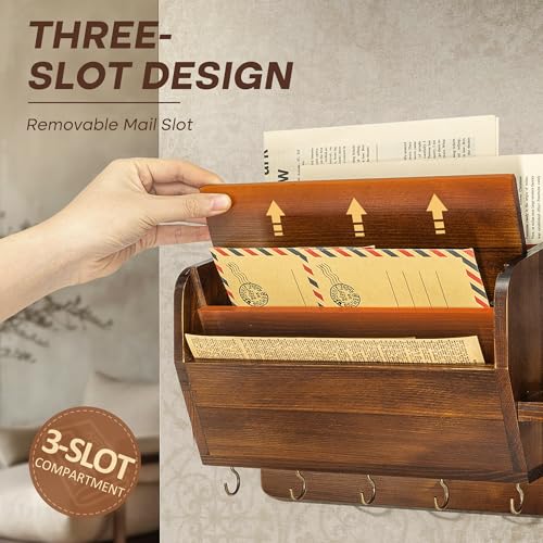 Pine Wood Key Holder Wall Mount with Mail Sorter, Light Brown - Image 4