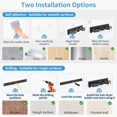 Hair Dryer Holder Wall Mounted, Self-Adhesive or Drill Mount - Image 6