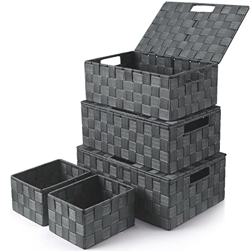 Storage Baskets with Lids: 5 Pack Stackable Woven Storage Bins - Image 2