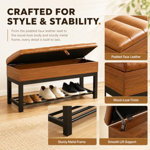 43.3'' Storage Bench with Shoe Rack, Tufted Entryway Bench - Image 6