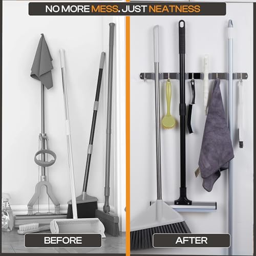 Stainless Steel Broom Holder Wall Mount, 4 Racks & 5 Hooks - Image 6