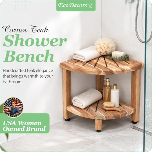 EcoDecors 18" Corner Teak Shower Bench with Shelf, Waterproof - Image 7