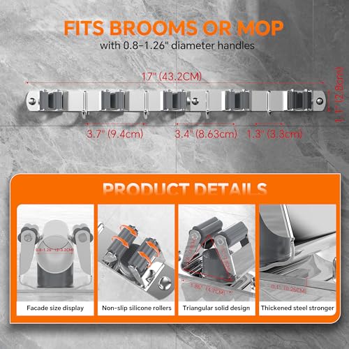5 Grippers Broom Holder Wall Mount with 4 Hooks Stainless Steel - Image 4
