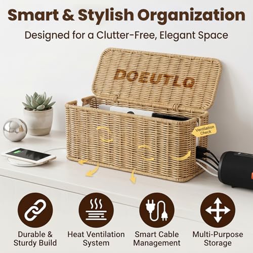 Cord Organizer Woven Cable Management Storage Box with Lid - Image 6