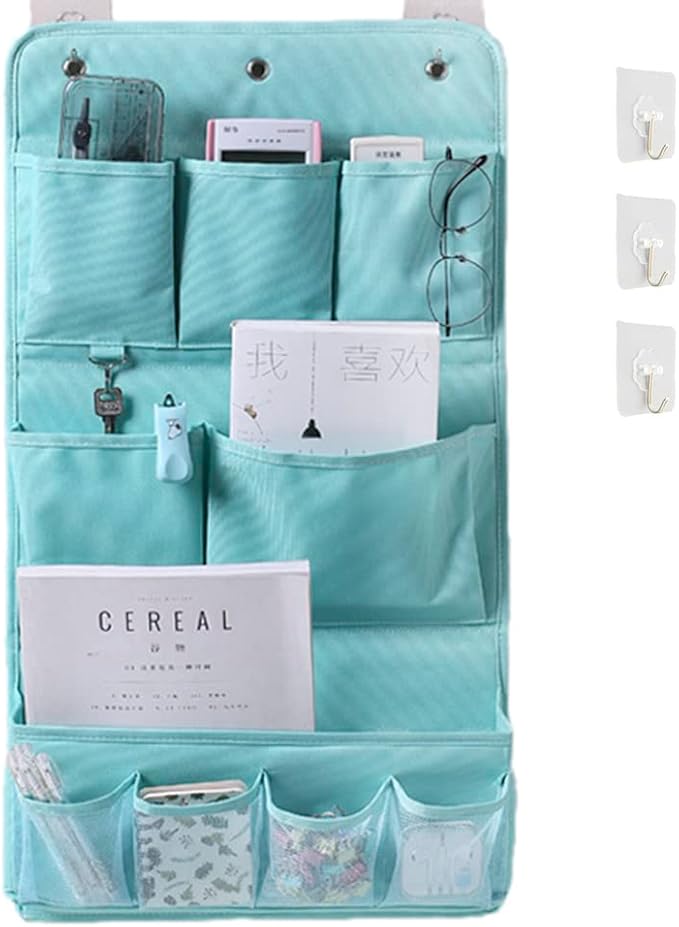 HSLFUAI Hanging Organizer with Pockets – Wall & Door Storage Bag with 3 Sticky Hooks – Hanging Storage Organizer for Bathroom, Bedroom, Closet, Dorm, Washing Table (3Layer, Blue)
